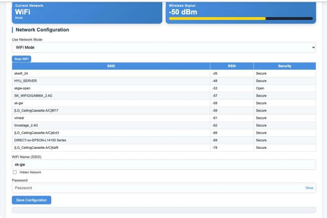 로그인 후 왼쪽 메뉴와 Network Status, Network Configuration이 보이는 XK Device Portal 화면 스크린샷