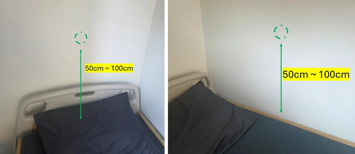 침대 머리맡 위쪽과 침대 옆쪽 벽면에 센서 설치 위치를 50cm~100cm 높이로 표시한 사진
