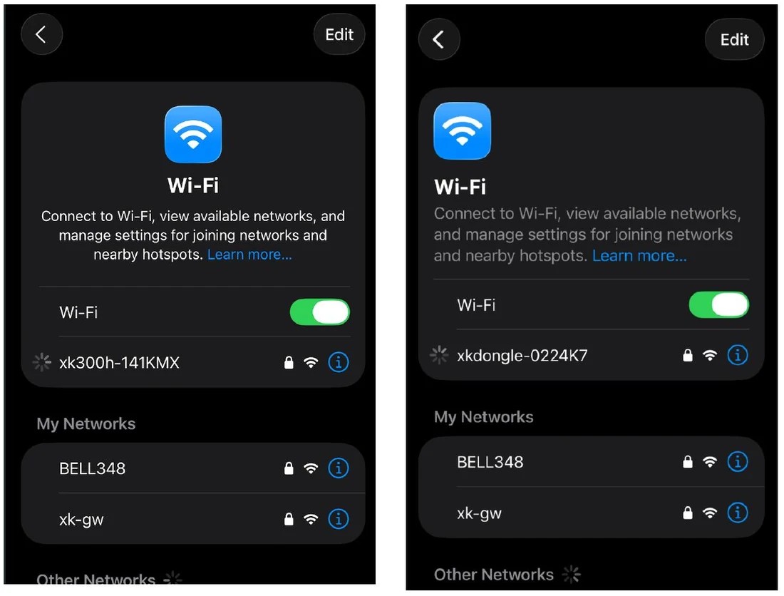 휴대폰 Wi-Fi 목록 화면에 xk300h-141KMX, xkdongle-0224K7과 같은 설정용 네트워크가 표시된 스크린샷